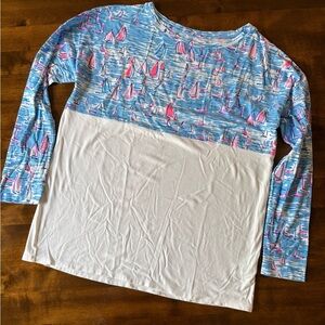 Lilly Pulitzer Sailboat Long Sleeve Tee Blue White Split Hem Nautical Size M
